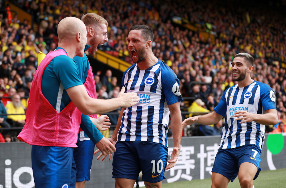 Brighton and Hove Albionu00e2u20acu2122s Florin Andone celebrates scoring their second goal with team mates during their Premier League with Watford at Vicarage Road in Watford August 10, 2019. u00e2u20acu201d Reuters pic