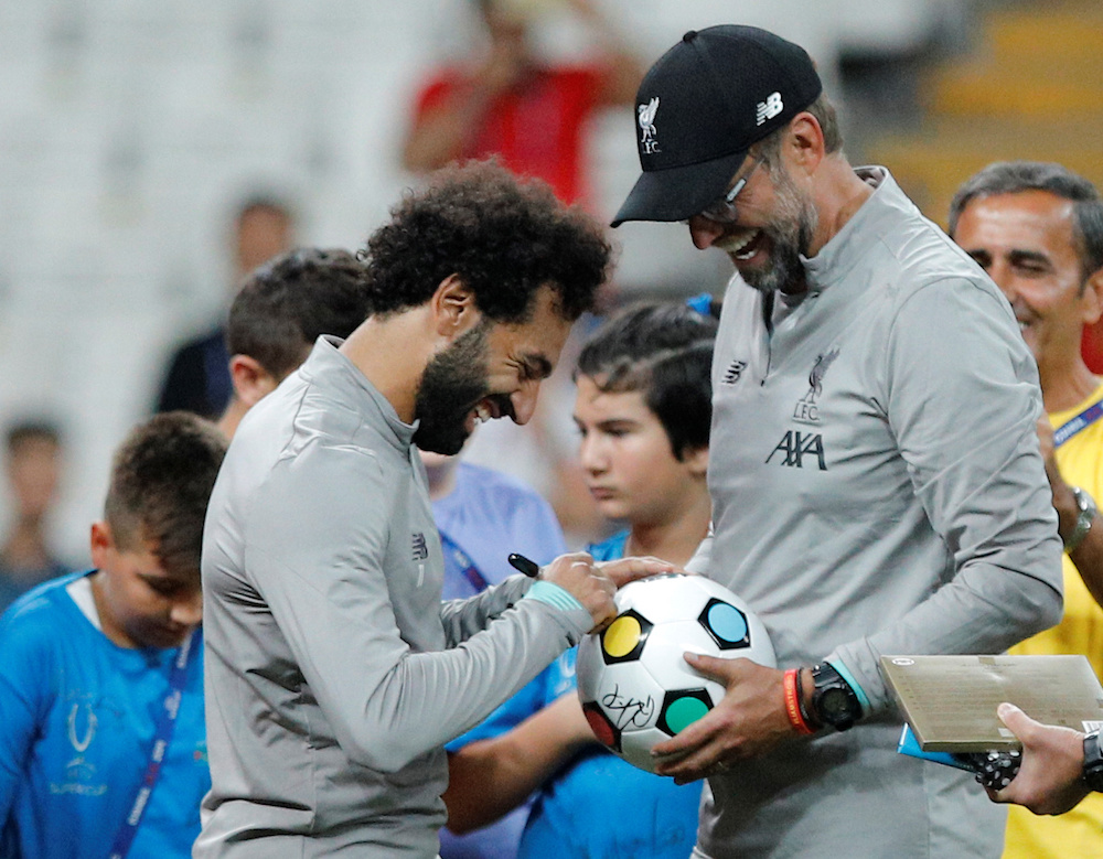 Liverpool manager Jurgen Klopp and Mohamed Salah during training in Istanbul August 13, 2019, ahead of the Uefa Super Cup match with Chelsea. u00e2u20acu201d Reuters pic