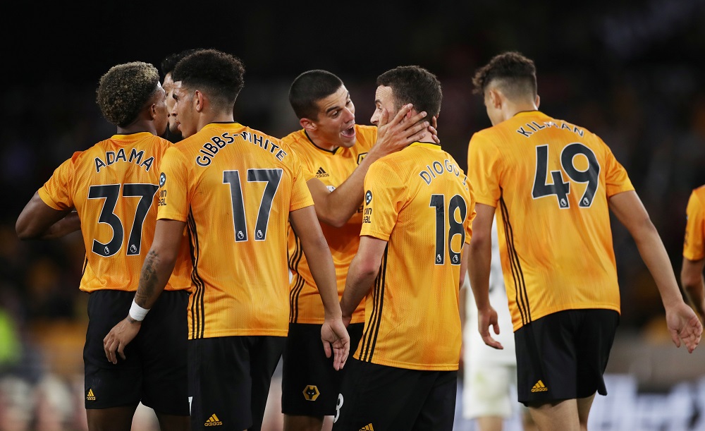 Wolverhampton Wanderersu00e2u20acu2122 Diogo Jota celebrates scoring their fourth goal with team mates at the Molineux Stadium in Wolverhampton August 15, 2019. u00e2u20acu201d Action Images via Reuters