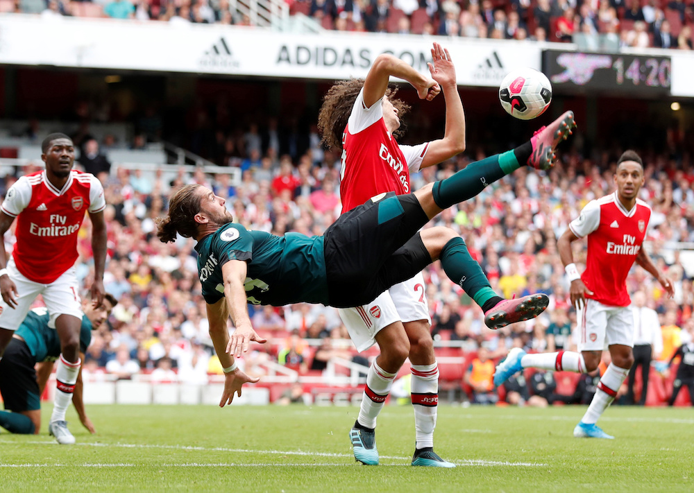 Arsenal’s Matteo Guendouzi in action with Burnley’s Jay Rodriguez Action during their English Premier League match at Emirates Stadium in London August 17, 2019. — Action Images pic via Reuters