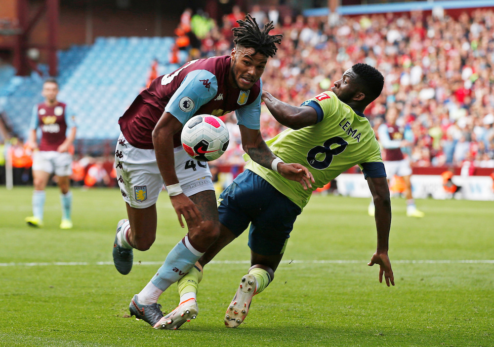 Aston Villau00e2u20acu2122s Tyrone Mings in action with Bournemouthu00e2u20acu2122s Jefferson Lerma during their Premier League match at Villa Park in Birmingham August 17, 2019. u00e2u20acu201d Reuters pic