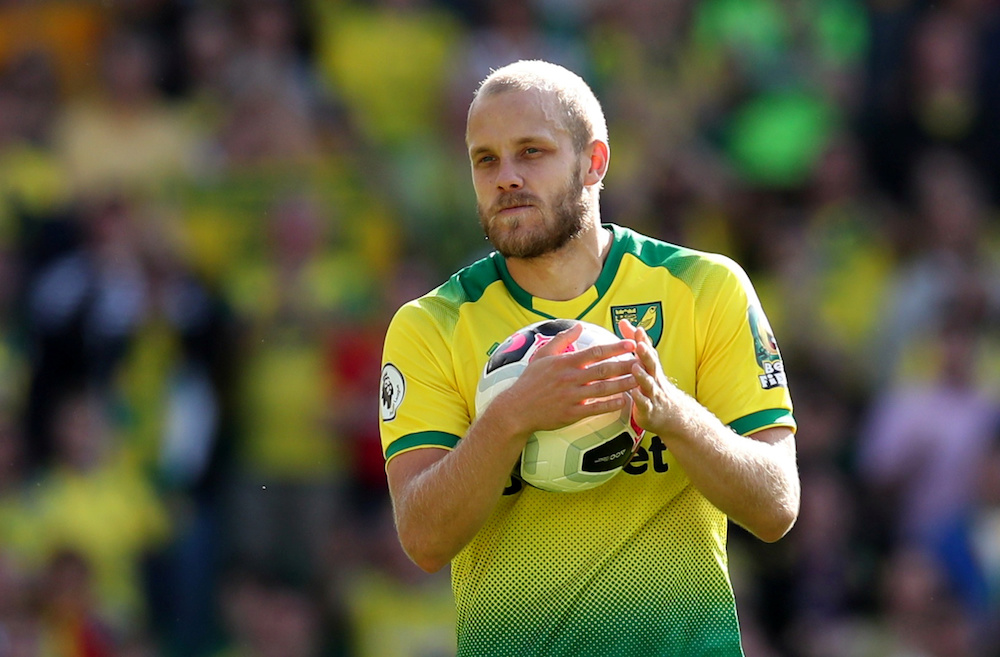 Norwich Cityu00e2u20acu2122s Teemu Pukki celebrates his hat-trick with the match ball after the Premier League match with Newcastle United at Carrow Road in Norwich August 17, 2019. u00e2u20acu201d Reuters pic