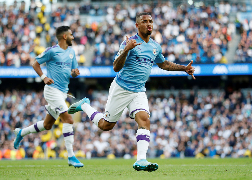 Manchester Cityu00e2u20acu2122s Gabriel Jesus celebrates scoring a goal before it is disallowed following a VAR review during their Premier League match with Tottenham Hotspur at Etihad Stadium in Manchester August 17, 2019. u00e2u20acu201d Action Images pic via Reuters
