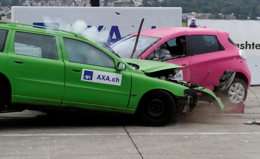 A Renault Zoe electric car collides with an oncoming Volvo V70 car in a controlled crash test from insurer AXA, in Duebendorf, Switzerland, August 22, 2019. u00e2u20acu201d Reuters pic