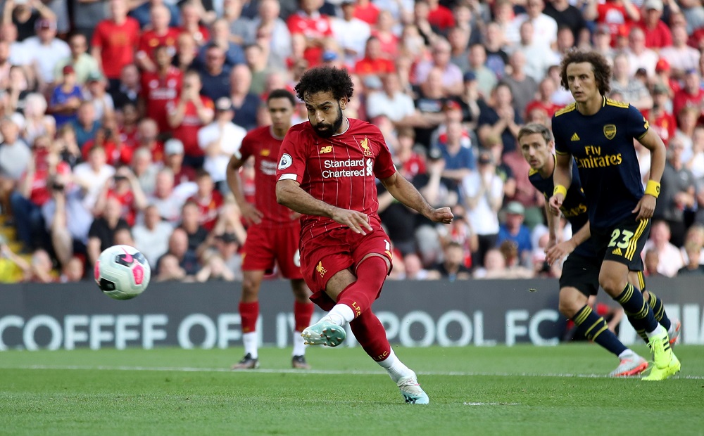 Liverpoolu00e2u20acu2122s Mohamed Salah scores their second goal against Arsenal at Anfield in Liverpool August 24, 2019. u00e2u20acu201d Action Images via Reuters