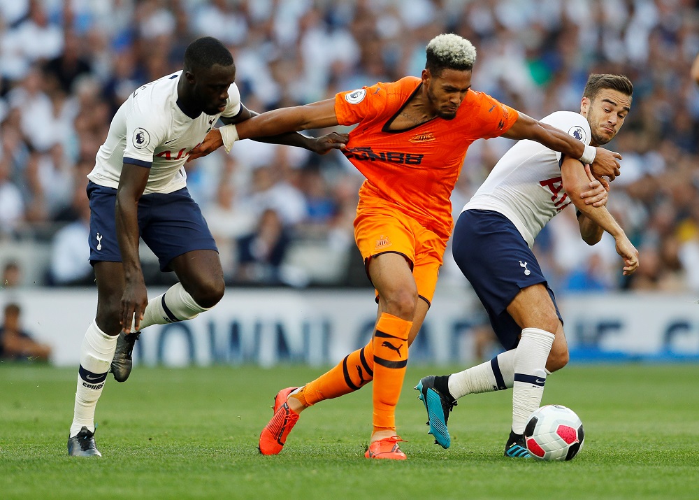 Newcastle Unitedu00e2u20acu2122s Joelinton in action with Tottenham Hotspuru00e2u20acu2122s Harry Winks and Davinson Sanchez at the Tottenham Hotspur Stadium in London August 25, 2019. u00e2u20acu201d Reuters pic