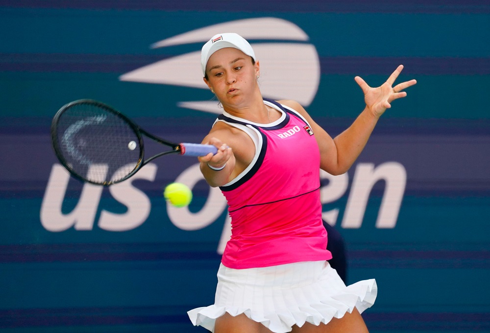 Ashleigh Barty hits to Zarina Diyas (not pictured) in the first round on day one of the 2019 US Open tennis tournament in New York August 26, 2019. u00e2u20acu201d Picture by Robert Deutsch-USA TODAY Sports via Reuters