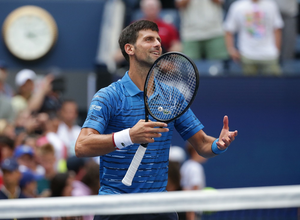 Novak Djokovic celebrates match point against Roberto Carballes Baena in a first round match on day one of the 2019 US Open tennis tournament in New York August 26, 2019. u00e2u20acu201d Picture by Jerry Lai-USA TODAY Sports via Reuters