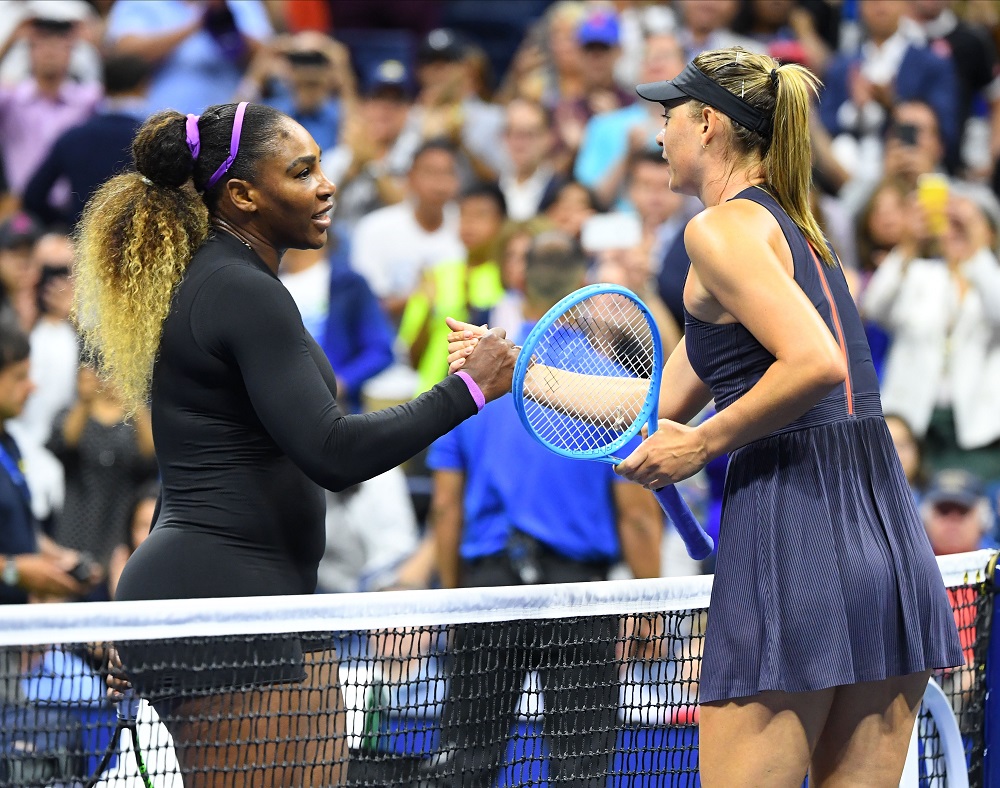 Serena Williams shakes hands with Maria Sharapova after their first round match on day one of the 2019 US Open tennis tournament in New York August 26, 2019. u00e2u20acu201d Picture by Robert Deutsch-USA TODAY Sports via Reuters