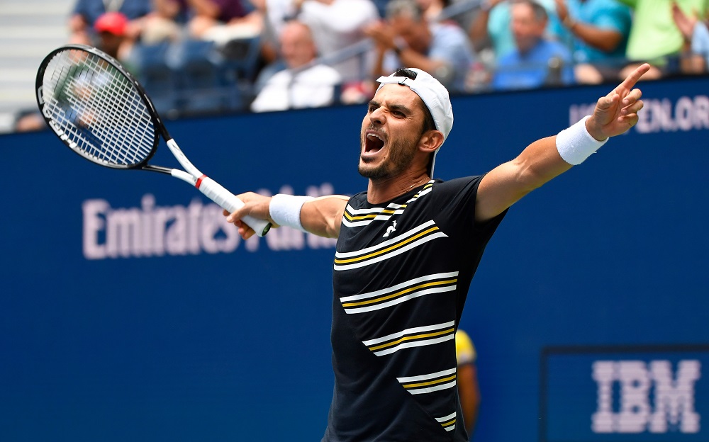 Thomas Fabbiano reacts after beating Dominic Thiem in the first round on day two of the 2019 US Open tennis tournament in New York August 27, 2019. u00e2u20acu201d Picture by Robert Deutsch-USA TODAY Sports via Reuters