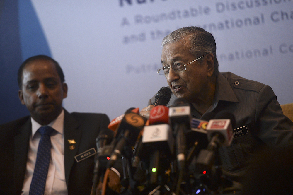 Prime Minister Tun Mahathir Mohamad speaks during a press conference after a roundtable discussion with international chambers of commerce at the Putrajaya International Convention Centre August 1, 2019. u00e2u20acu201d Picture by Shafwan Zaidon