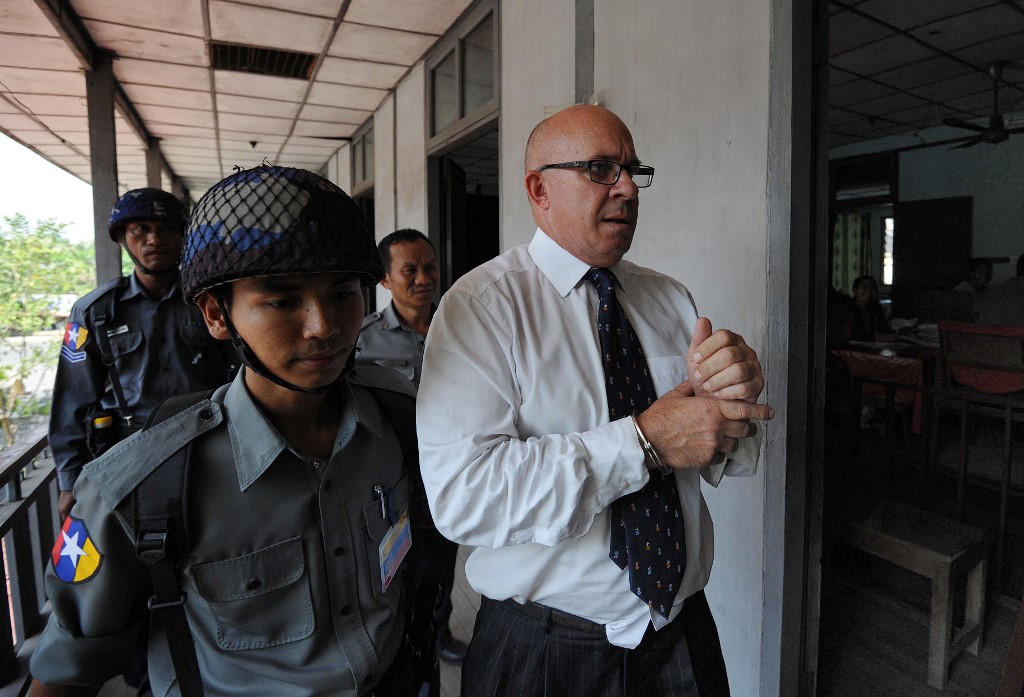In this file photo taken on March 23, 2011, Australia's Ross Dunkley, co-founder of the Myanmar Times newspaper, arrives for a hearing at the Kamaryut township court in Yangon. u00e2u20acu201d AFP picnn
