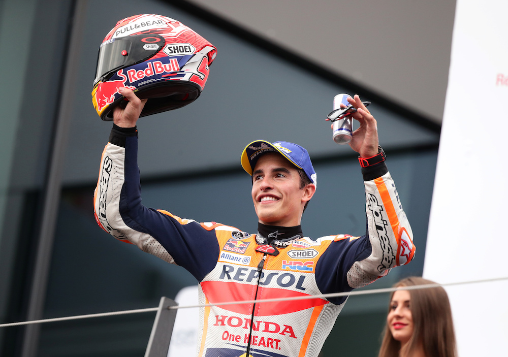 Honda's Marc Marquez celebrates on the podium after finishing second in the Austrian Grand Prix MotoGP race at Spielberg, Austria August 11, 2019. u00e2u20acu201d Reuters pic