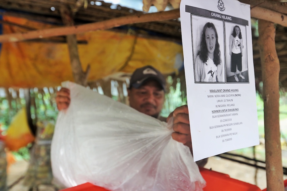 A poster showing missing 15-year-old Franco-Irish girl Nora Anne Quoirin is seen in Seremban August 13, 2019. — Picture by Ahmad Zamzahuri