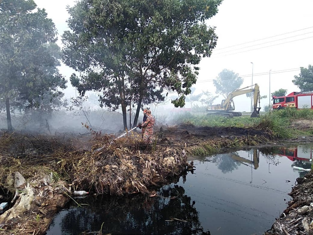 Firemen are seen dousing fire in a peat swamp at Pulau Bruit in Mukah, August 13, 2019. u00e2u20acu201d Picture courtesy of the Sarawak Fire and Rescue Department