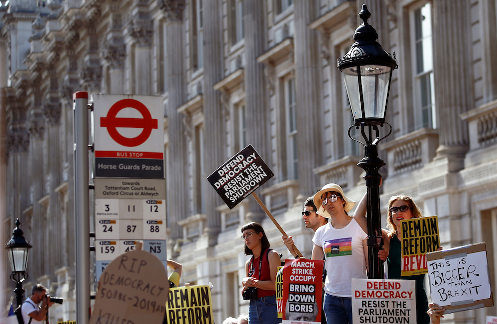 Anti-Brexit protestors demonstrate outside the gates of Downing Street at Whitehall in London August 31, 2019. u00e2u20acu201d Reuters pic