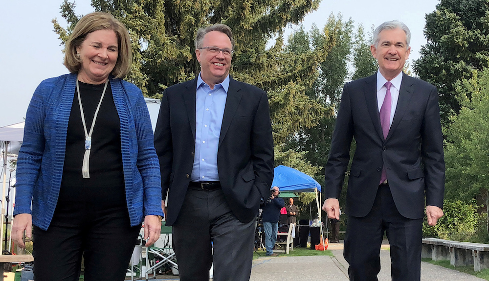 Federal Reserve Chairman Jerome Powell (right) speaks with New York Fed President John Williams and Kansas City Fed President Esther George at the Kansas City Fedu00e2u20acu2122s annual Economic Symposium in Jackson Hole August 24, 2018. u00e2u20acu201d Reuters pic