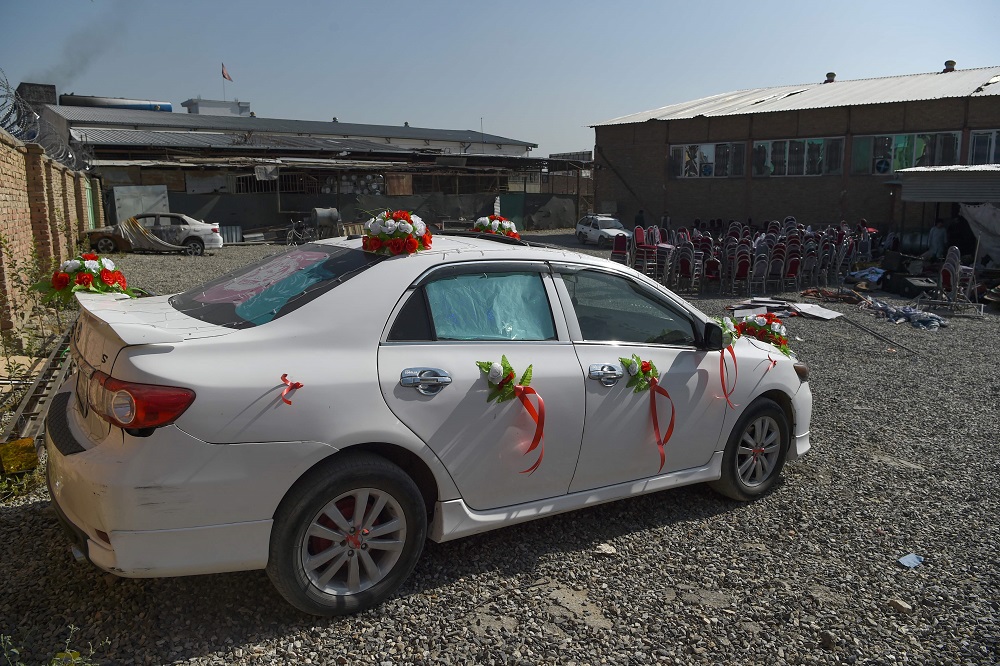 A decorated car for the bride and groom is seen outside a wedding hall after a deadly bomb blast in Kabul August 18, 2019. u00e2u20acu201d AFP pic   