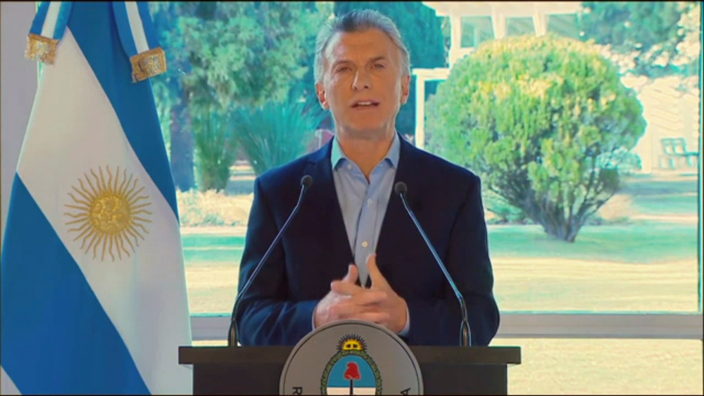 An image grab taken from a video released by Argentinau00e2u20acu2122s Presidency shows Argentine President Mauricio Macri speaking at Olivos presidenctial palace, Buenos Aires province, Argentina, August 14, 2019. u00e2u20acu201d AFP pic