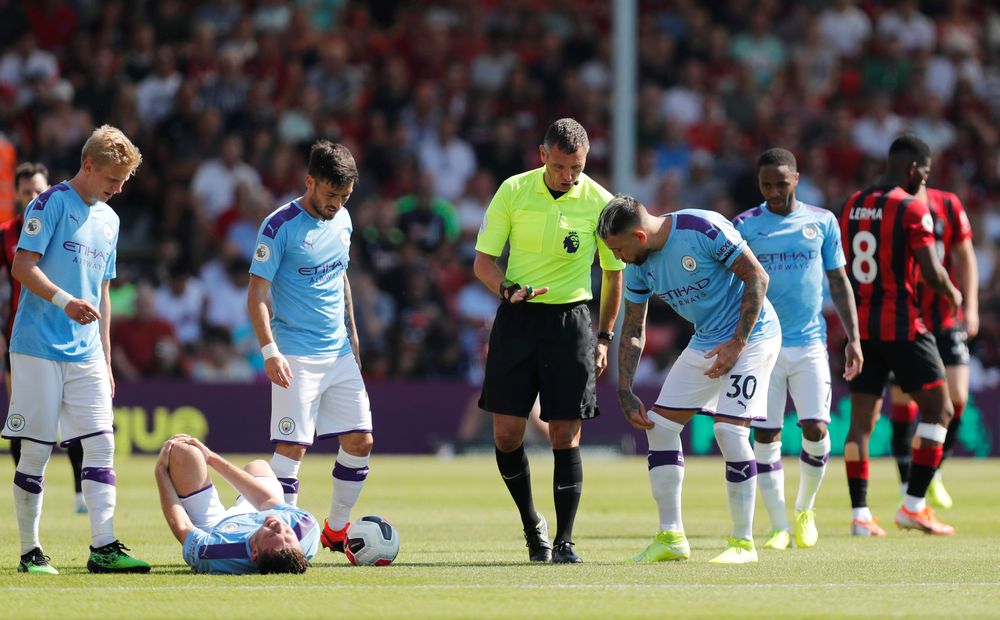 Manchester Cityu00e2u20acu2122s Aymeric Laporte reacts after sustaining an injury during the Premier League match AFC Bournemouth v Manchester City in Vitality Stadium, Bournemouth, August 25, 2019. u00e2u20acu201d Reuters pic