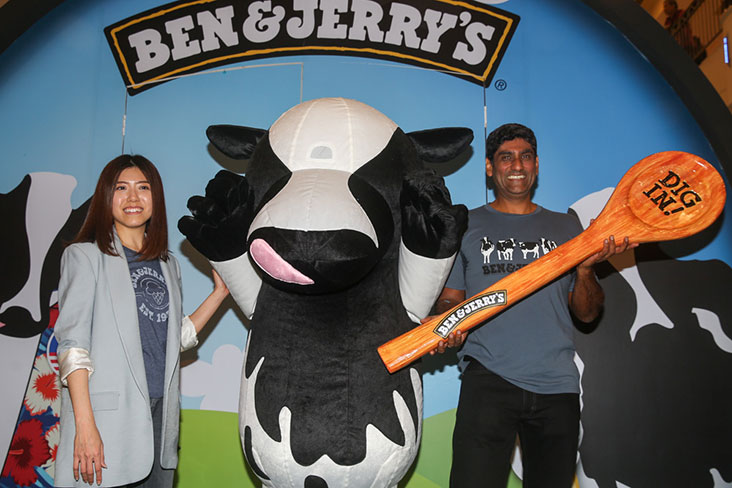The Ben & Jerry's shop was officially launched by Unilever Malaysia Marketing Director Shiv Sahgal (right) and Unilever Malaysia Category Lead for Ice Cream Tsu Lynn (left) with Woody, the brand's mascot.