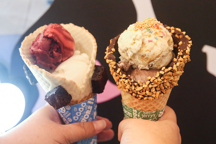 Indulge in a chocolate dipped or brownie studded cone with your Lemonade and Berry Berry Extraordinary sorbets (left) or Chunky Monkey and The Tonight Dough (right) ice cream.