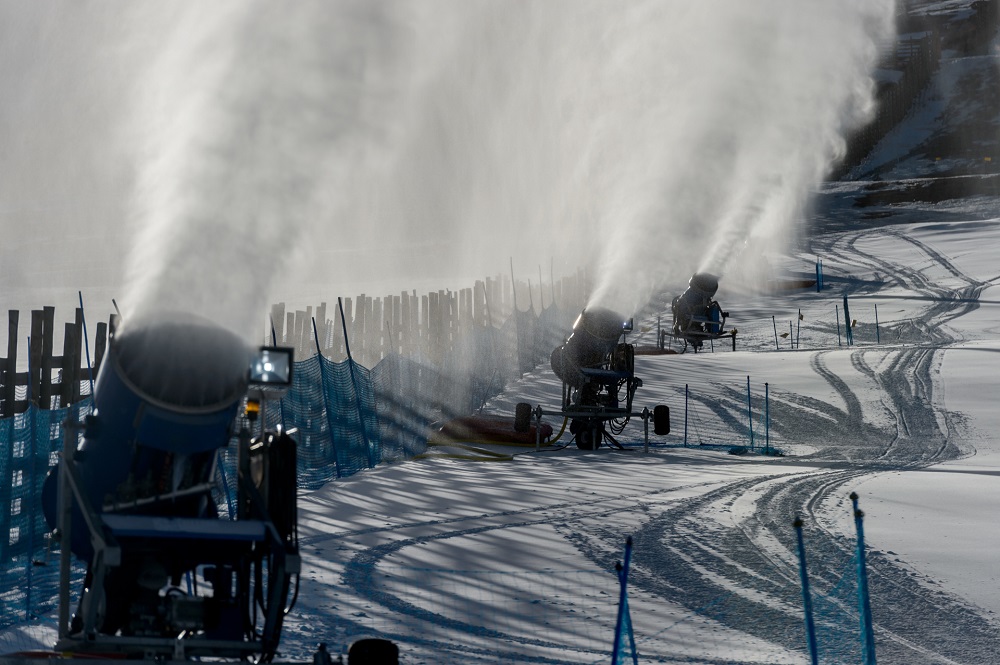 Snow cannons spray artificial snow on a ski slope at El Colorado skiing centre, in the Andes Mountains, some 30km from Santiago August 8, 2019. — AFP pic  