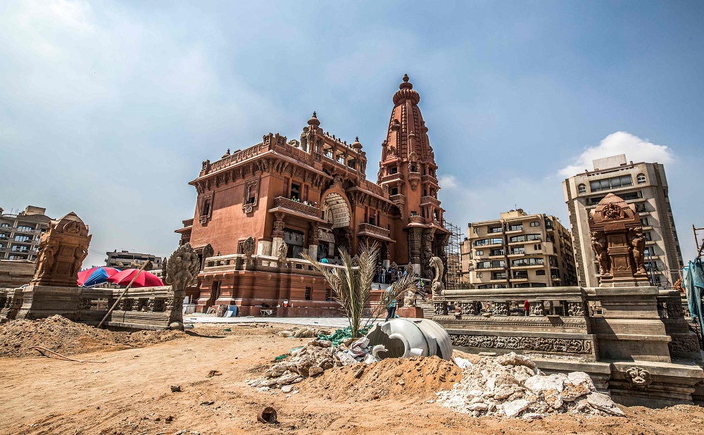 This picture taken on August 18, 2019 shows restoration works ongoing at the historic Baron Palace built by in the early 20th century by Belgian industrialist Edouard Louis Joseph in the Egyptian capital Cairou00e2u20acu2122s northeastern Heliopolis district. u00e2u20acu201d AFP