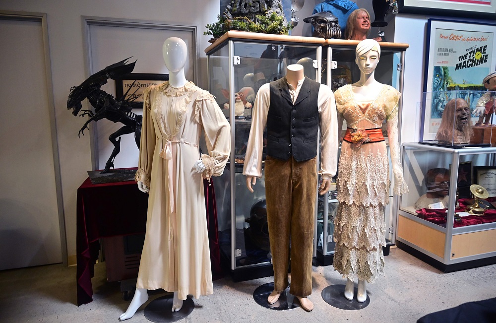 A Marilyn Monroe outfit from the 1950 movie ‘A Ticket to Tomahawk’ (left) is seen beside the outfits of Leonardo DiCaprio and Kate Winslett from the 1997 film ‘Titanic’ at the Profiles in History auction house on August 28, 2019 in Calabasas, California. — AFP pic
