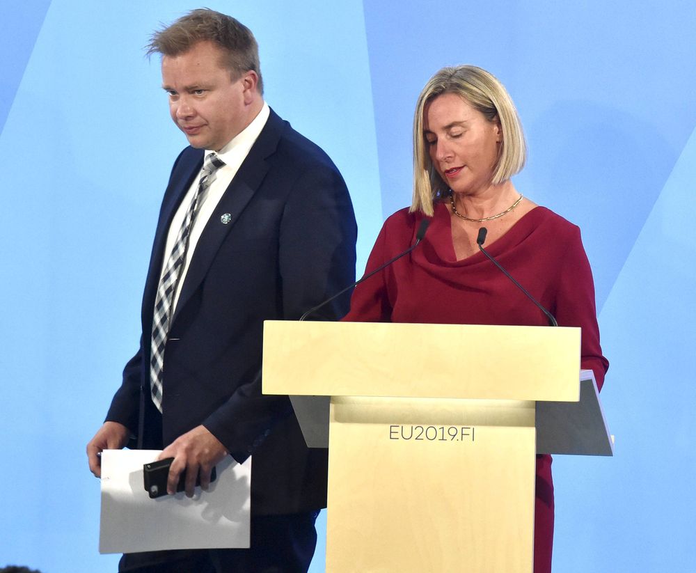 Finnish Defence Minister Antti Kaikkonen and European Union Foreign Policy Chief Federica Mogherini arrive for a news conference at the informal meeting of EU defence ministers in Helsinki, Finland, August 29, 2019. u00e2u20acu201d Lehtikuva/Jussi Nukari via Reuters