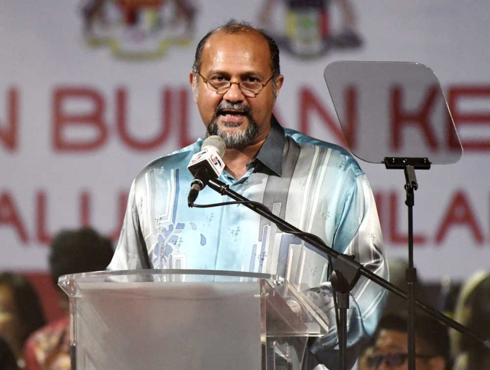 Communications and Multimedia Minister Gobind Singh Deo speaks at the launch of National Month and Fly the Jalur Gemilang at Dataran Pahlawan in Melaka August 3, 2019. u00e2u20acu201d Bernama pic 