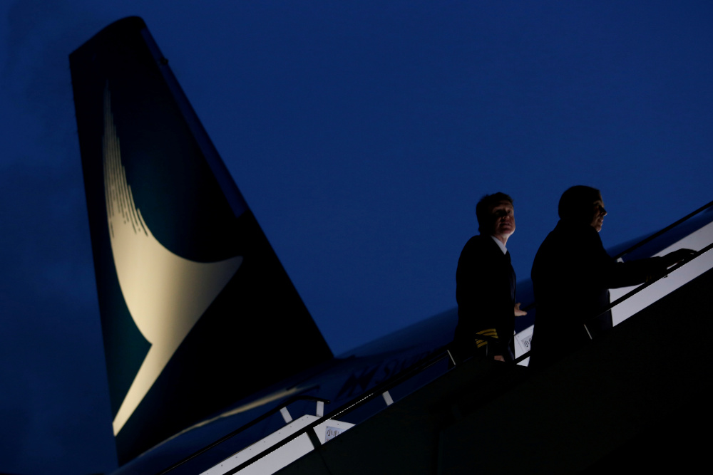 Pilots walk up to a new Cathay Pacific Airways Airbus A350 after being received by the airline at Hong Kong Airport May 30, 2016. u00e2u20acu201d Reuters pic  nn
