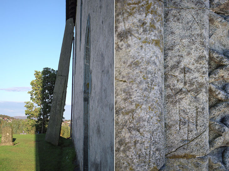 Mary’s Needle lean towards one of the walls of Avaldsnes Church (left) where Viking markings can be observed (right)