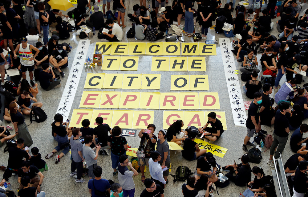 Anti-extradition bill demonstrators attend a protest at the arrival hall of Hong Kong Airport, China, August 10, 2019. u00e2u20acu201d Reutersnn