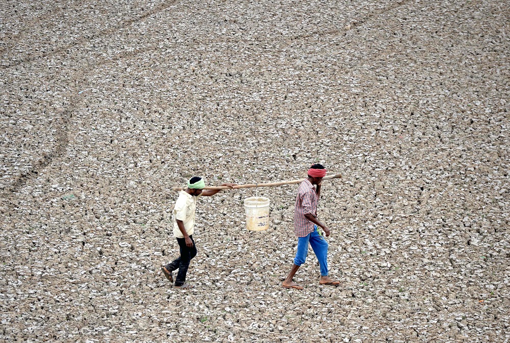 In this photo taken on June 20, 2019, Indian worker carry the last bit of water from a small pond in the dried-out Puzhal reservoir on the outskirts of Chennai. u00e2u20acu201d AFP pic 