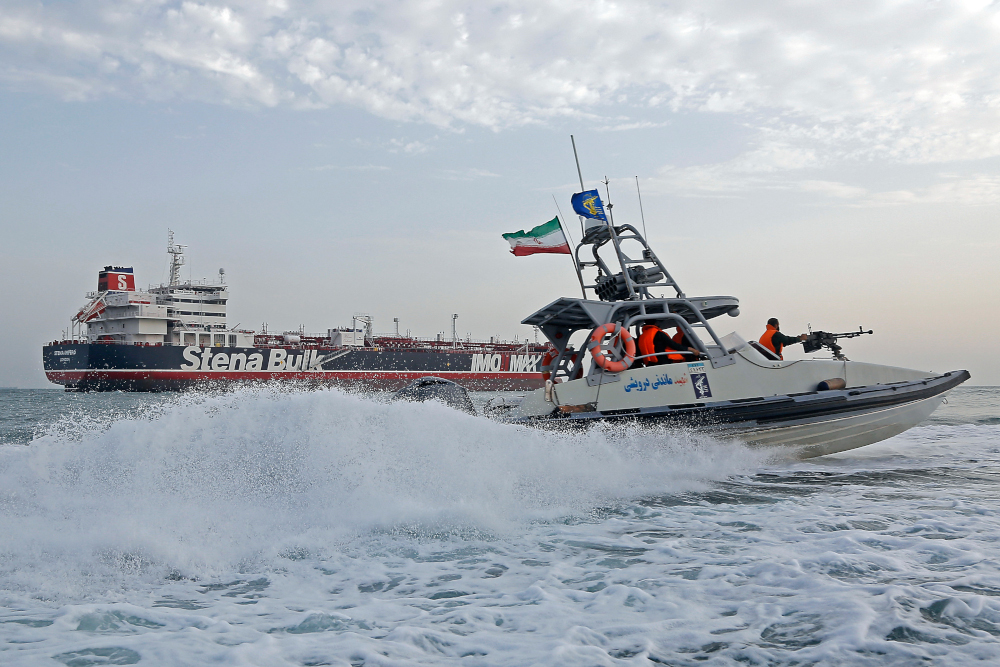In this file photo taken July 21, 2019, Iranian Revolutionary Guards patrol around the British-flagged tanker u00e2u20acu02dcStena Imperou00e2u20acu2122 as itu00e2u20acu2122s anchored off the Iranian port city of Bandar Abbas. u00e2u20acu201d AFP pic 