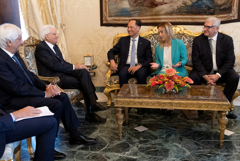 Leaders of Brothers of Italy party Luca Ciriani, Giorgia Meloni and Tommaso Foti meet with Italian President Sergio Mattarella for consultations in Rome, Italy, August 22, 2019. u00e2u20acu201d Paolo Giandotti/Presidential Palace handout via Reuters 