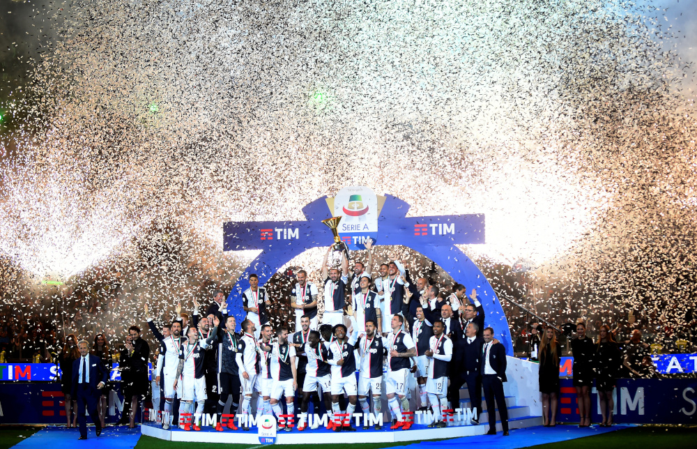 Juventus celebrate winning Serie A with the trophy after the match with Atalanta at Allianz Stadium, Turin, Italy May 19, 2019. u00e2u20acu201d Reuters pic 