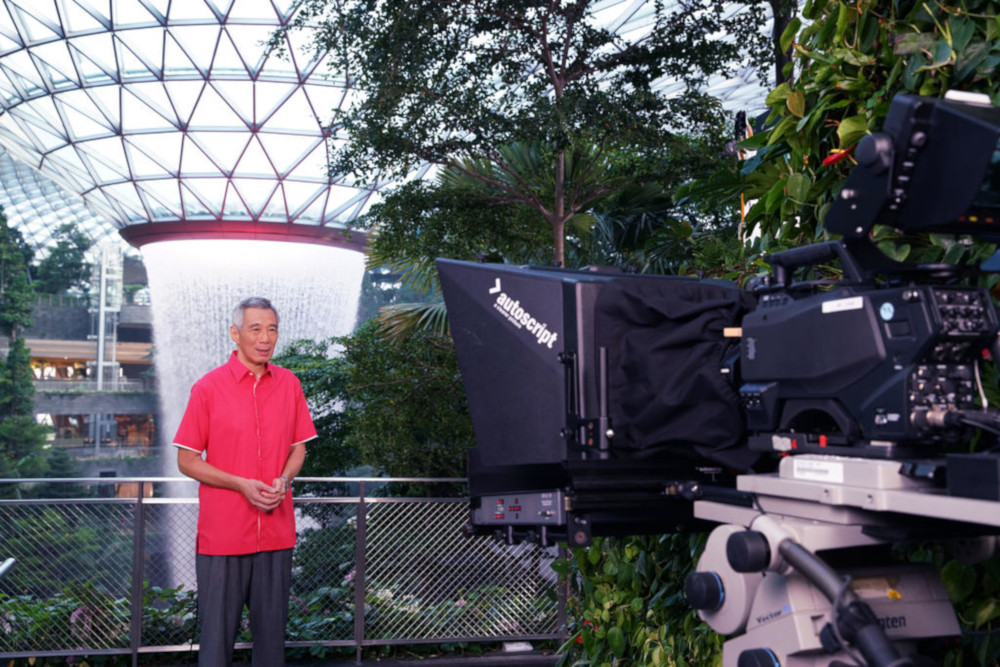 Prime Minister Lee Hsien Loong delivering his National Day message at Jewel Changi Airport August 8, 2019. u00e2u20acu201d Picture from Ministry of Communications and Information via TODAYnn