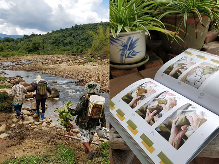 A 'gotong-royong' session with the villagers of Long Semadoh Naseb (left). Pages from 'Plates' showing how to wrap a zhang rice dumpling (right).