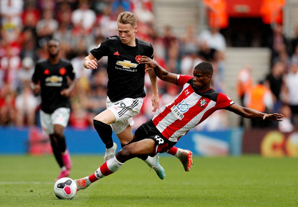 Southamptonu00e2u20acu2122s Kevin Danso fouls Manchester Unitedu00e2u20acu2122s Scott McTominay and is subsequently sent off by the referee during their Premier League match at St Maryu00e2u20acu2122s Stadium, Southampton, August 31, 2019. u00e2u20acu201d Reuters pic