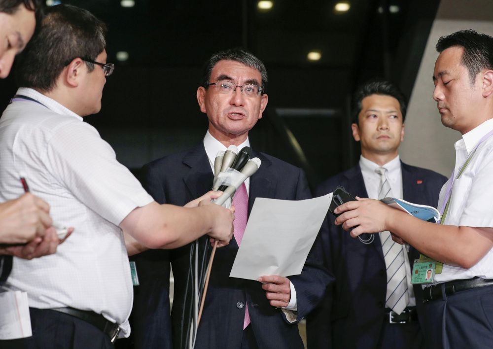 Japanu00e2u20acu2122s Foreign Minister Taro Kono speaks to media after South Korea announced scrapping of an intelligence-sharing pact with Japan, at Foreign Ministry in Tokyo, Japan, in this photo taken by Kyodo August 22, 2019. u00e2u20acu201d Kyodo handout pic via Reuters 