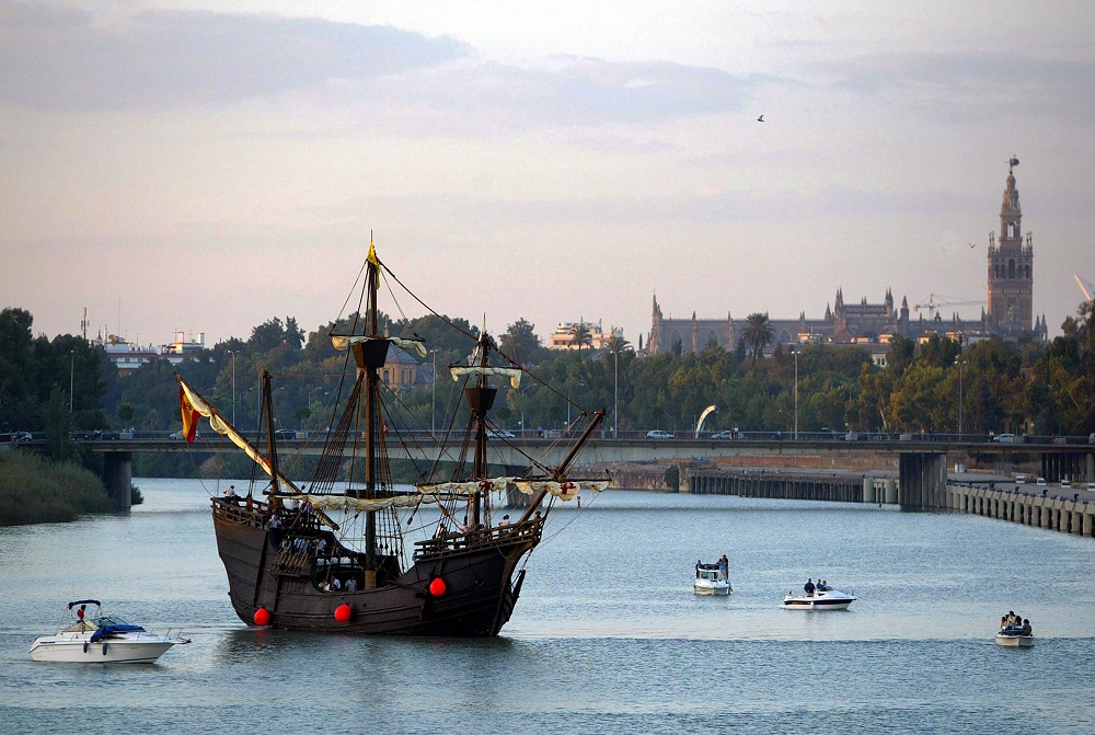 In this file photo taken on October 12, 2004 a replica model of Portuguese explorer Ferdinand Magellanu00e2u20acu2122s 16th century carrack Victoria leaves Sevilla. u00e2u20acu201d AFP pic  