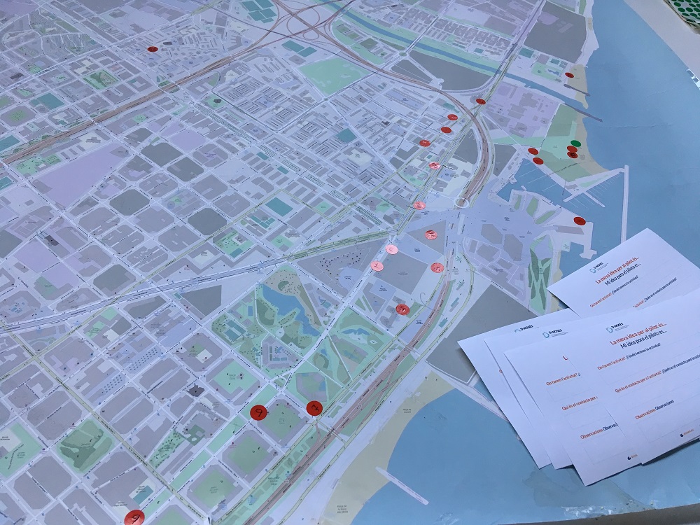 A map of the Barcelona district of Poblenou indicating where locals have reported bad odours, taken during a meeting for a new odour collection app on June 26, 2019. u00e2u20acu201d Thomson Reuters Foundation pic