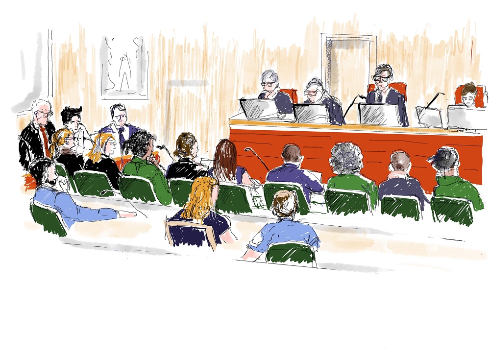 This court sketch created on August 1, 2019 shows Rakim Mayers alias ASAP Rocky (fourth from left in green shirt) during a hearing at the district court in Stockholm over a June street brawl for which he is facing charges of assault. u00e2u20acu201d AFP pic         