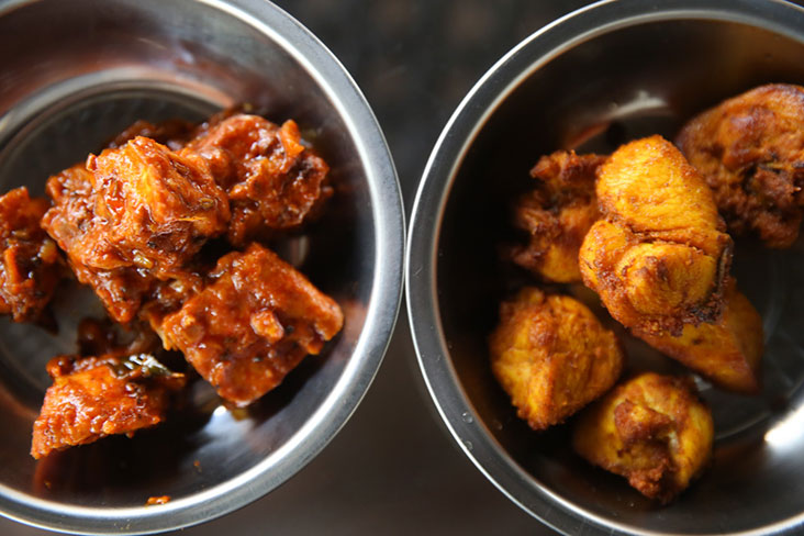 Vegetarians will love the 'sambal' beancurd (left) and there's fried chicken (right) every day.