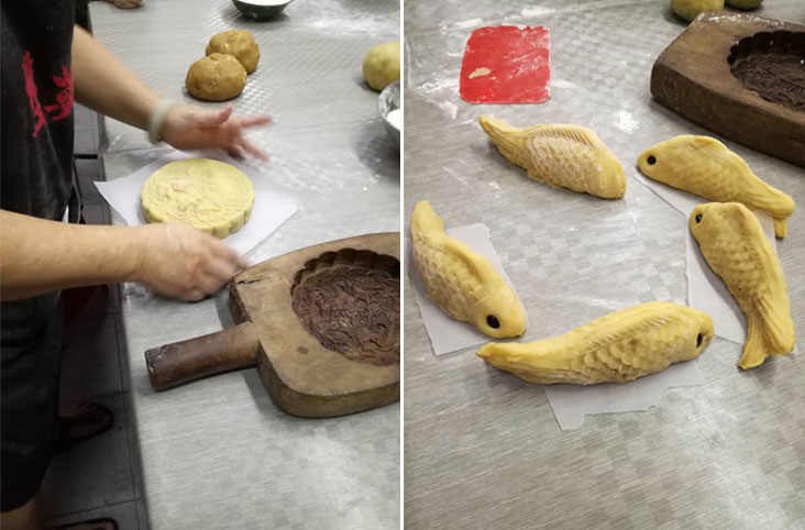 The Seven Wonder Premier mooncake is made using a special hand carved wooden mould (left). Koi fish-shaped biscuits are believed to signify the flow of abundance (right). — Picture by Loke Poh Lin