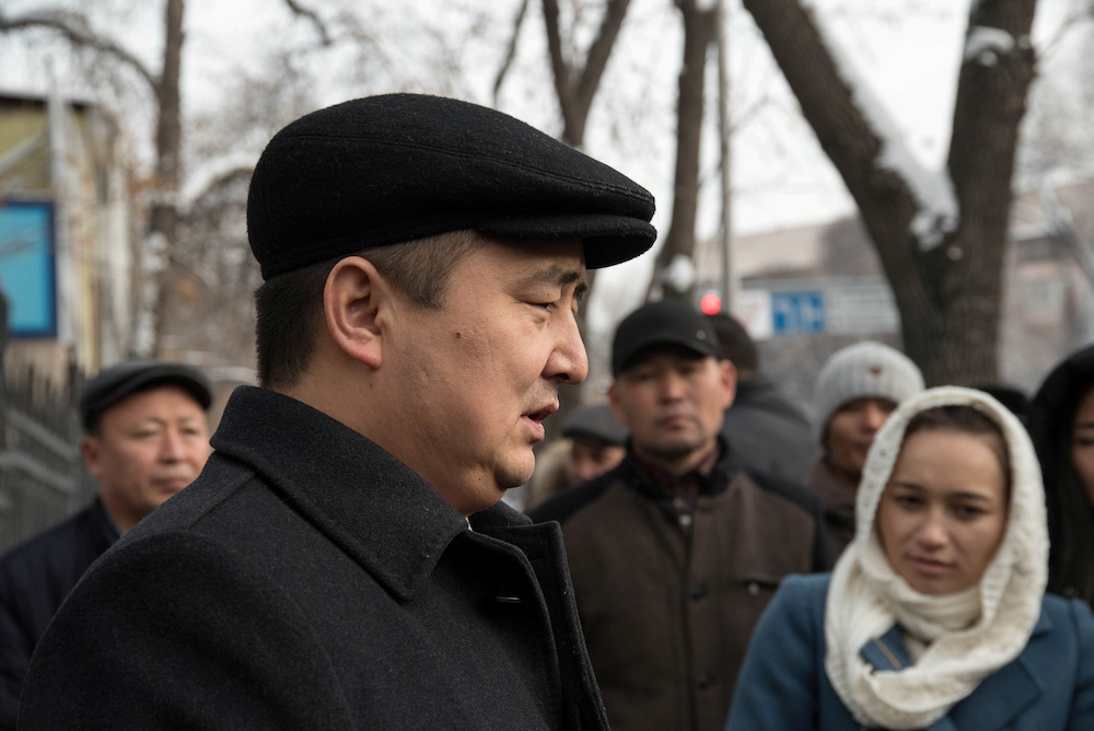 Kazakh rights activist Serikzhan Bilash speaks to reporters outside a courthouse in Almaty, Kazakhstan, February 13, 2019. Picture taken February 13, 2019. u00e2u20acu201d Reuters picn n