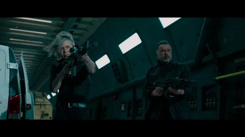 A screengrab from u00e2u20acu02dcTerminator: Dark Fateu00e2u20acu2122 that sees Hamilton and Arnold Schwarzenegger back in action for the francise after all these years.  