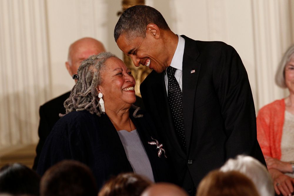 Novelist Toni Morrison smiles with US President Barack Obama as he prepares to award her a 2012 Presidential Medal of Freedom at the White House in Washington May 29, 2012. u00e2u20acu201d Reuters pic